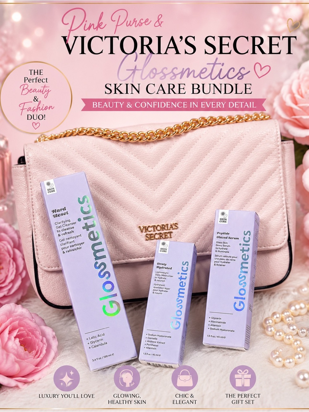 Victoria's Secret Pink Quilted Purse with Glossmetics Skincare Trio